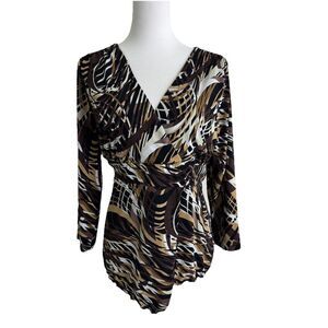 Cato Brown Tan Black Blouse Faux Wrap V Neck Size XL Lettuce Hem Edge